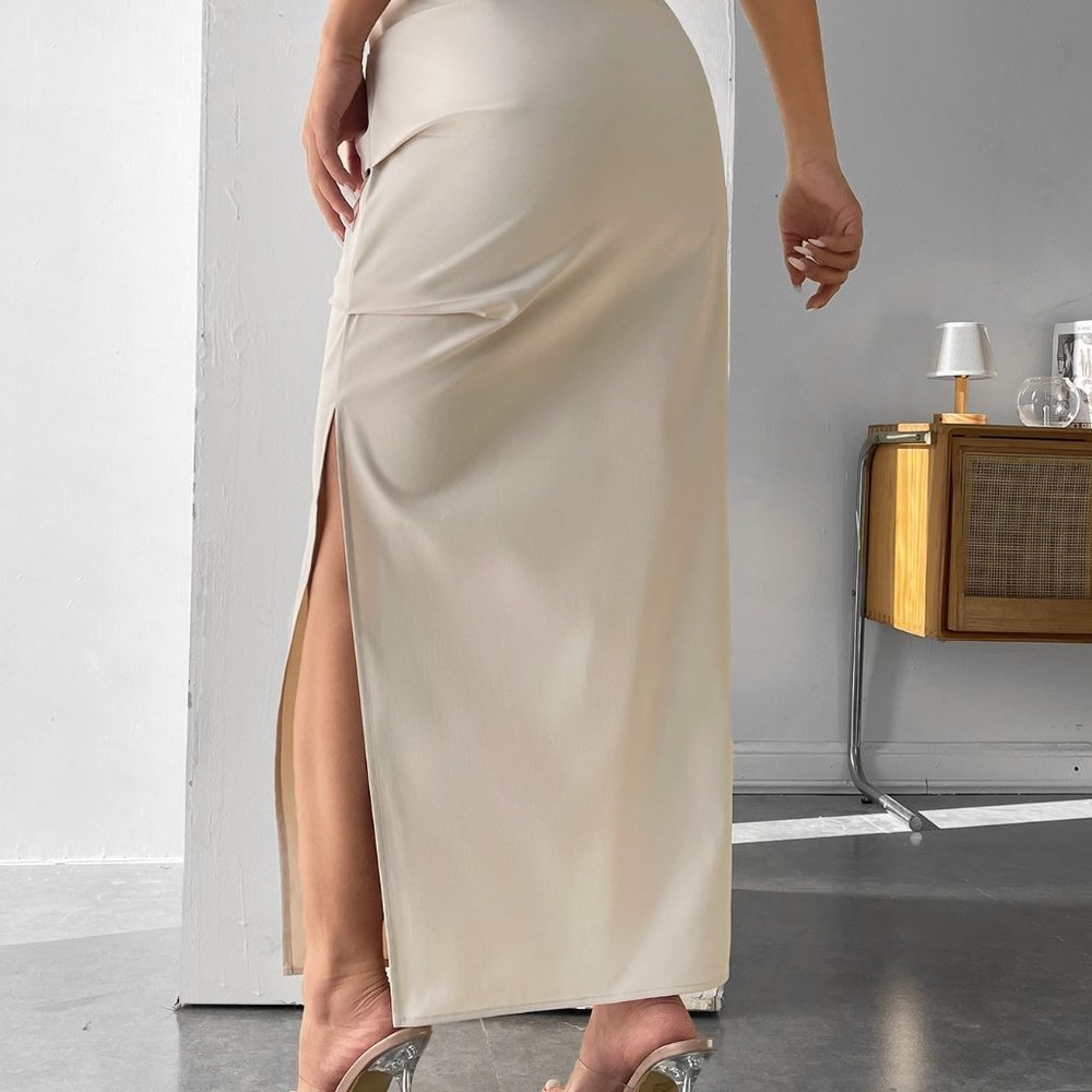Beige Preppy Womens old Pleated Split Thigh Skirt - Picture 3 of 5